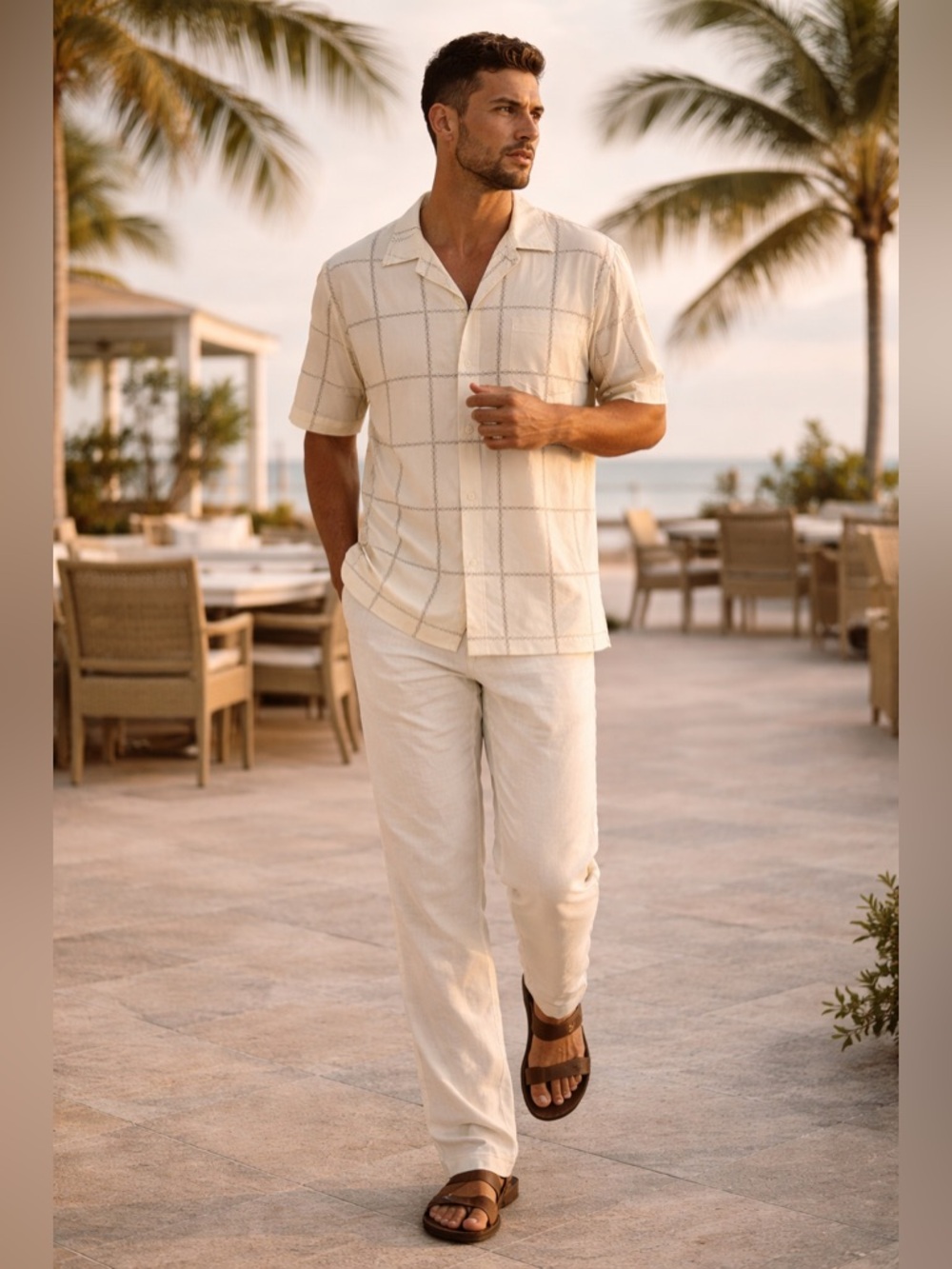 100% Silk Men's Cream Windowpane Short-Sleeve Camp Shirt